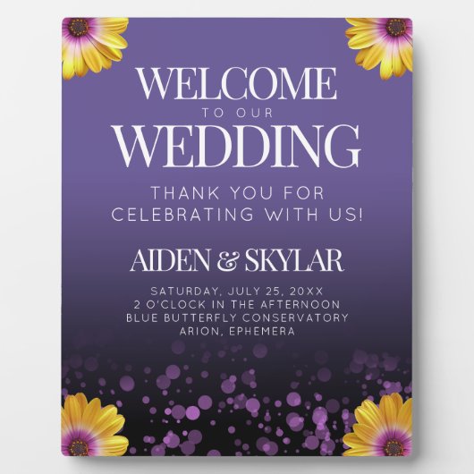 Elegant Daisies Paarse Glitter Wedding Welkom Fotoplaat (Voorkant)