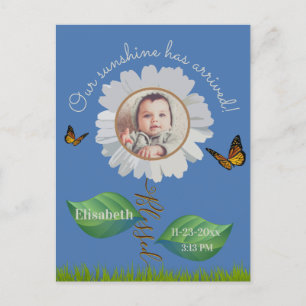Elegant Daisy Blue Floral Cute Baby Foto & Name Briefkaart