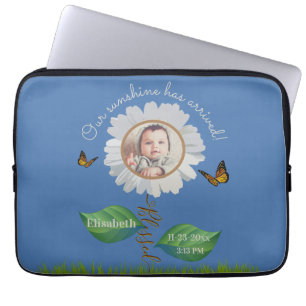 Elegant Daisy Blue Floral Cute Baby Foto & Name Laptop Sleeve
