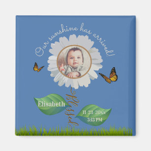 Elegant Daisy Blue Floral Cute Baby Foto & Name Magneet