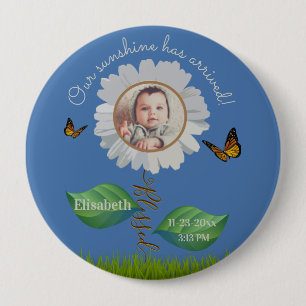 Elegant Daisy Blue Floral Cute Baby Foto & Name Ronde Button 4,0 Cm