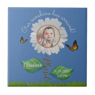Elegant Daisy Blue Floral Cute Baby Foto & Name Tegeltje