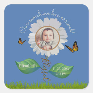 Elegant Daisy Blue Floral Cute Baby Foto & Name Vierkante Sticker