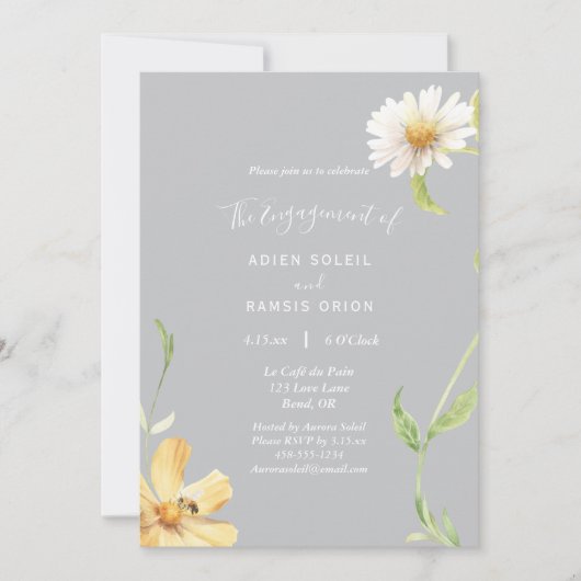Elegant Daisy | Grijze uitnodiging van de Engageme (Voorkant)