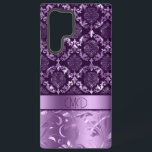 Élégant damas et tourbillons floraux violets et no<br><div class="desc">Image de damas et tourbillons floraux violets et noirs. Monogramme personnalisé.</div>