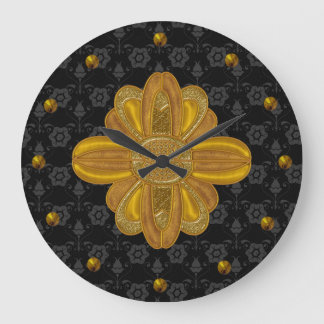 Élégant Damas noir avec horloge Mur Or
