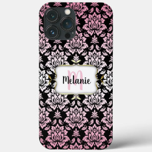 Élégant Damas rose et noir avec Coque Monogram-M
