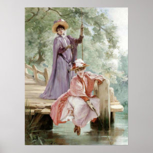 Elegant Damas Vist op Dock in Natuur Vintage Poster