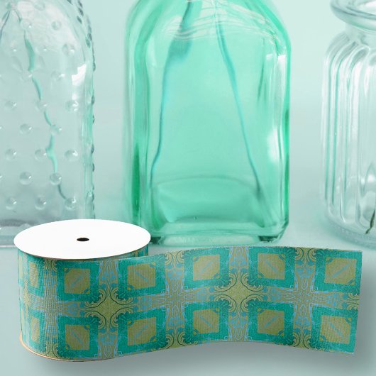 Elegant Damask Arabesque Blauwgroen en Gold Grosgrain Lint