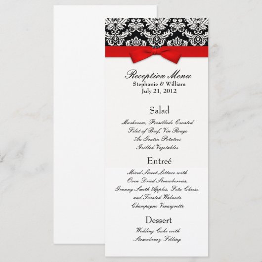 Elégant Damask avec Red Bow Reception Menu (Devant / Derrière)