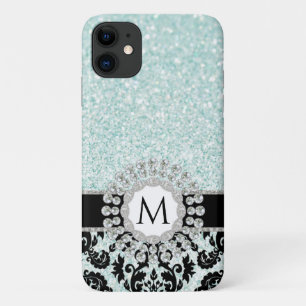 Elegant  Damask Bling Aqua Blue Monogrammed iPhone 11 Hoesje