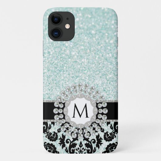 Elegant Damask Bling Aqua Blue Monogrammed Case-Mate iPhone Case (Achterkant)