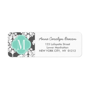Elegant Damask Charcoal Aqua Custom Monogramed Etiket