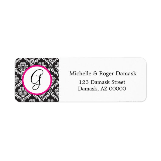Elegant Damask Custom Monogram Black White Roze Etiket (Voorkant)