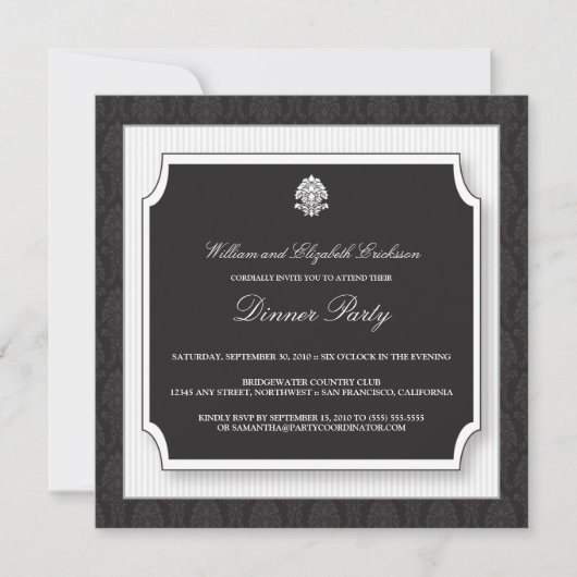 Elegant Damask Dinner Party Invitation (wit) Kaart (Voorkant)