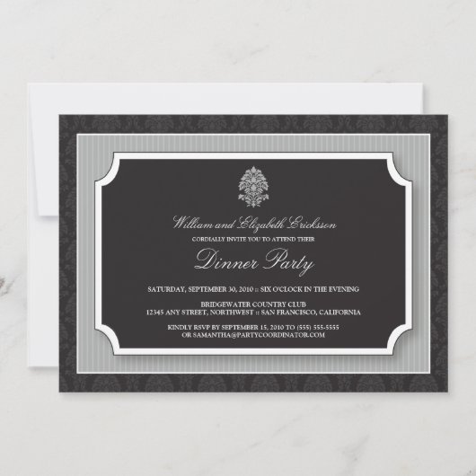 Elegant Damask Dinner Party Invitation (zilver) Kaart (Voorkant)