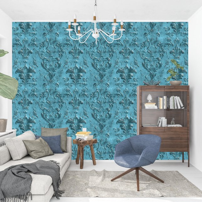 Elegant Damask Donker Turquoise Barok Behang (Elegant Damask Dark Turquoise Baroque Wallpaper)