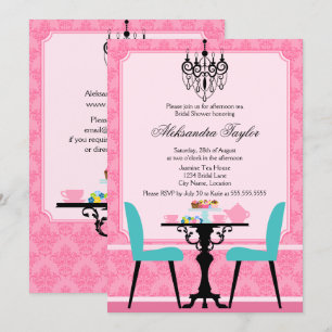 Elegant Damask en Chandelier Pink Aqua Tea Party Kaart