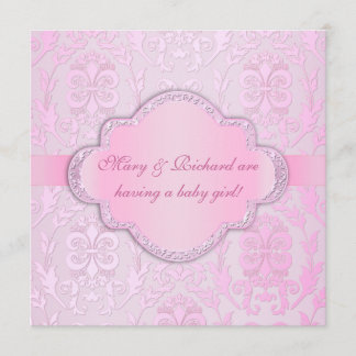 Elegant Damask Floral Swirl Pink Baby shower Kaart