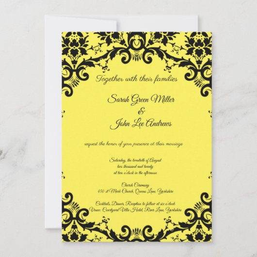 Elegant Damask Floral Yellow Wedding Invitation Kaart (Voorkant)