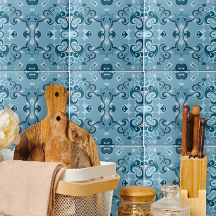 Elegant Damask Frosty Blue Winter Mosaic Pattern Tegeltje