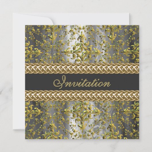 Elegant Damask Gold Silver Grey Party Uitnodigen Kaart (Voorkant)