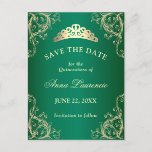 Elegant Damask Green Quinceanera slaat de datum op Briefkaart