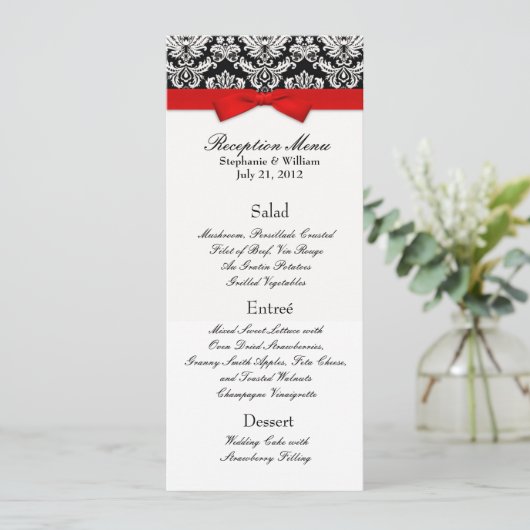 Elegant Damask met Red Bow Reception Menu (Staand voorkant)
