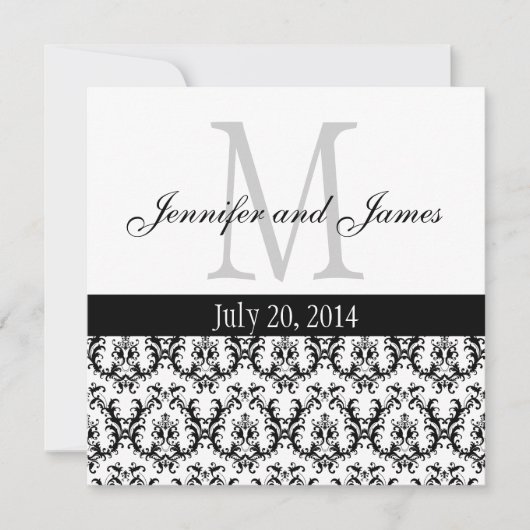 Elegant Damask Monogram Wedding Invitation B & W Kaart (Voorkant)