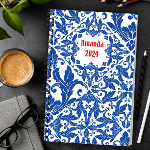 Élégant Damask Monogramme Bleu Vintage