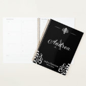 Elegant Damask Monogrammed Black and white Office (Devant avec enveloppe)