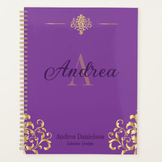 Elegant Damask Monogrammed Gold and Purple Office Planner