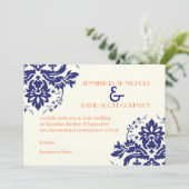 Elegant damask motif navy blue, koraalbruiloft kaart (Staand voorkant)
