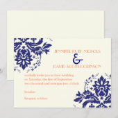 Elegant damask motif navy blue, koraalbruiloft kaart (Voorkant / Achterkant)