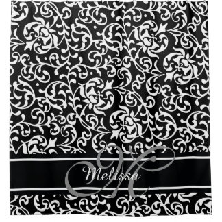 Elegant Damask Name en Monogram Black and White Douchegordijn