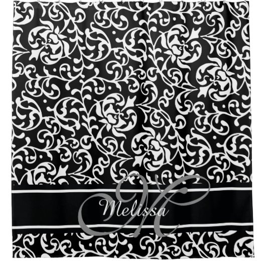 Elegant Damask Name en Monogram Black and White Douchegordijn (Voorkant)