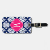 Elegant Damask Navy & Pink Custom Monogramed Bagagelabel (Voorkant horizontaal)