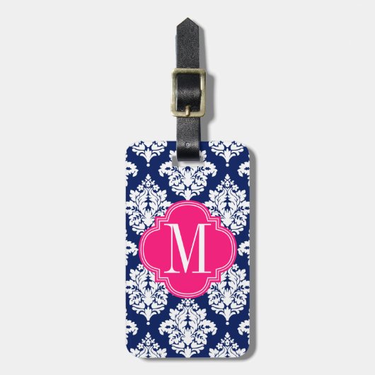 Elegant Damask Navy & Pink Custom Monogramed Bagagelabel (Voorkant verticaal)