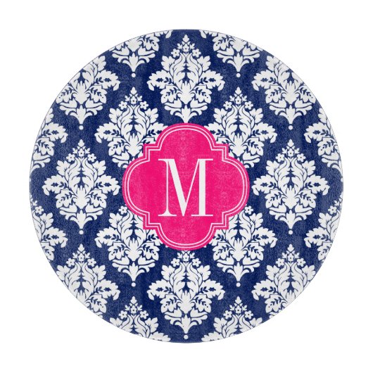 Elegant Damask Navy & Pink Custom Monogramed Snijplank (Voorkant)