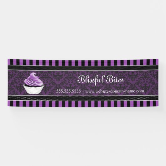 Elegant Damask Paars Cupcake bakkerij Spandoek (Horizontaal)