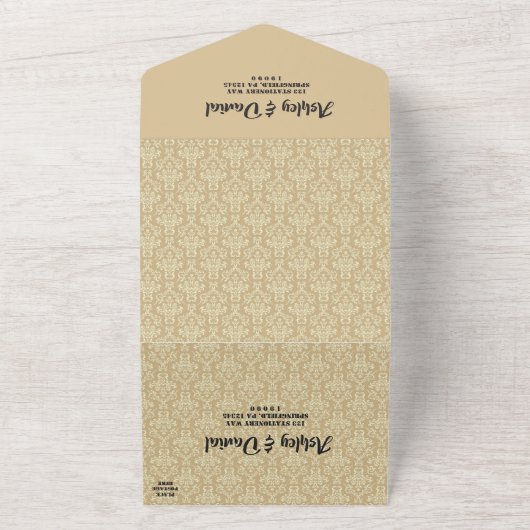Elegant  Damask Script beige Classic Weddenschap All In One Uitnodiging (Buitenkant)