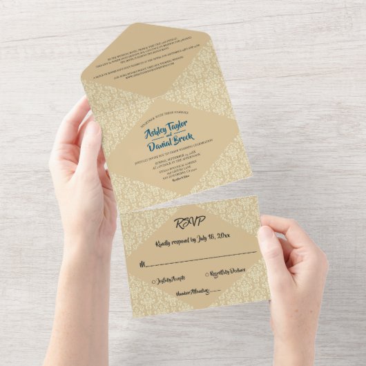 Elegant  Damask Script beige Classic Weddenschap All In One Uitnodiging (Afscheurbaar)