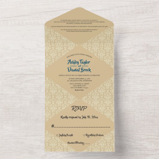 Elegant  Damask Script beige Classic Weddenschap All In One Uitnodiging (Binnen)