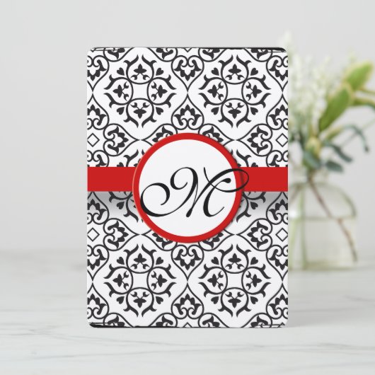 Elegant Damask Side Borders Red Trim Wedding Kaart (Staand voorkant)