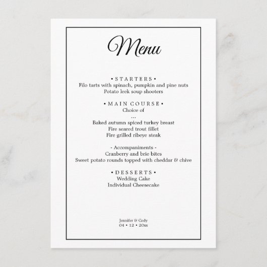 Elegant Damask Simple Minimal Menu Mariage (Devant)