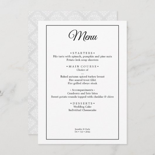 Elegant Damask Simple Minimal Menu Mariage (Devant / Derrière)