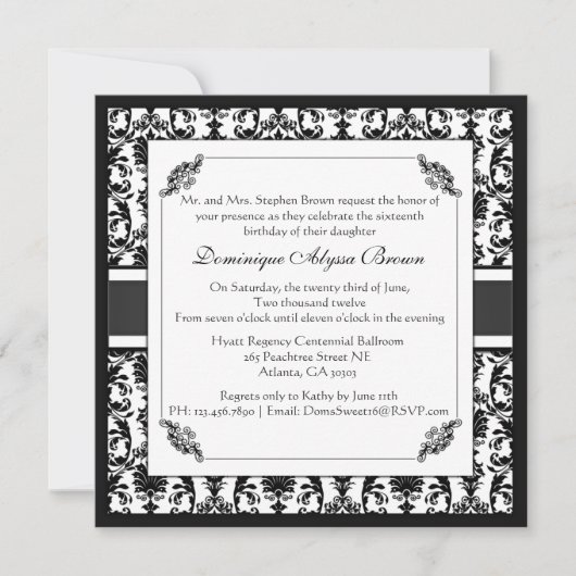 Elegant Damask Swirl Invite [Zwart-wit] Kaart (Voorkant)