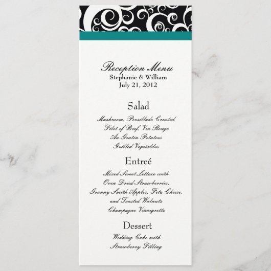 Elégant Damask Swirls Accueil Menu en Turquoise (Devant)