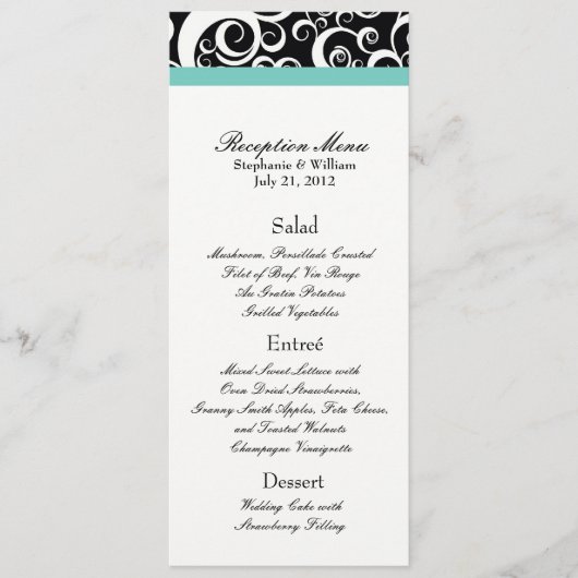 Elégant Damask Swirls Reception Menu en Aqua (Devant)