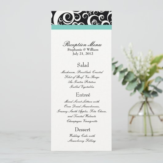 Elégant Damask Swirls Reception Menu en Aqua (Debout devant)